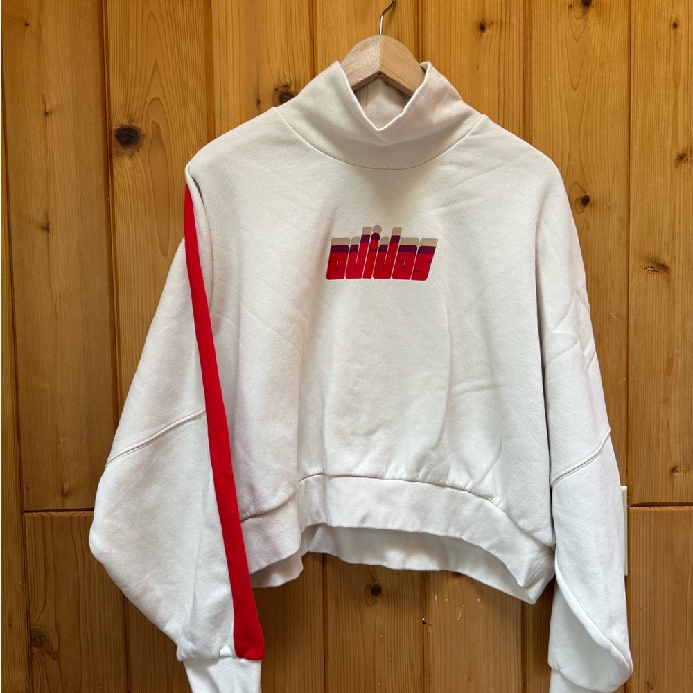 adidas White Cropped Turtleneck Sweatshirt with Red Stripe